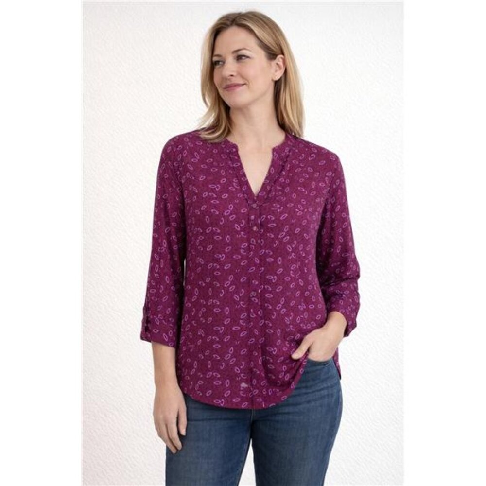 Dana Buchman Women's M  Blouse V Neck Top 3/4 Sleeve Purple Abstract Leaf Print